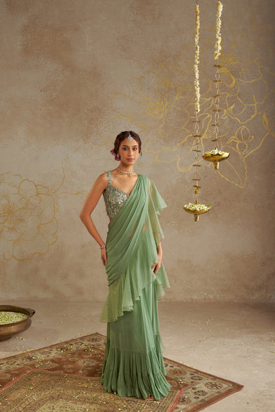 Chhavvi Aggarwal Jade Pre- Draped Frill Saree indian designer wear online shopping melange singapore