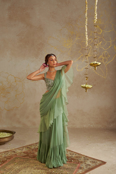 Chhavvi Aggarwal Jade Pre- Draped Frill Saree indian designer wear online shopping melange singapore