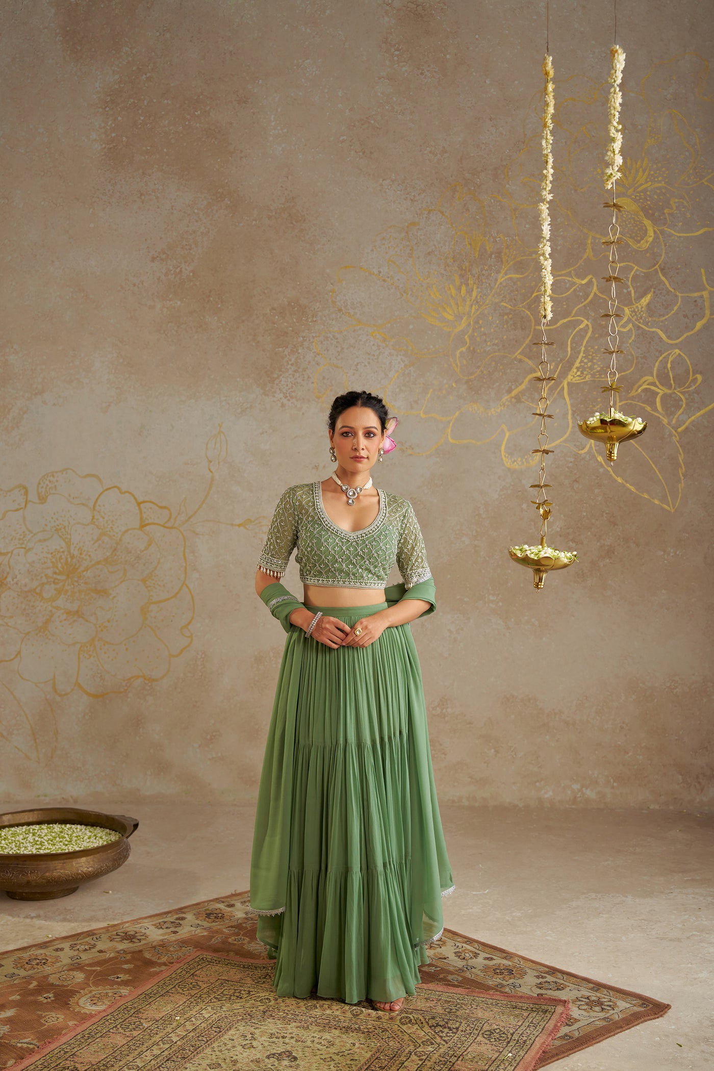 Chhavvi Aggarwal Jade Tiered Lehenga Set indian designer wear online shopping melange singapore