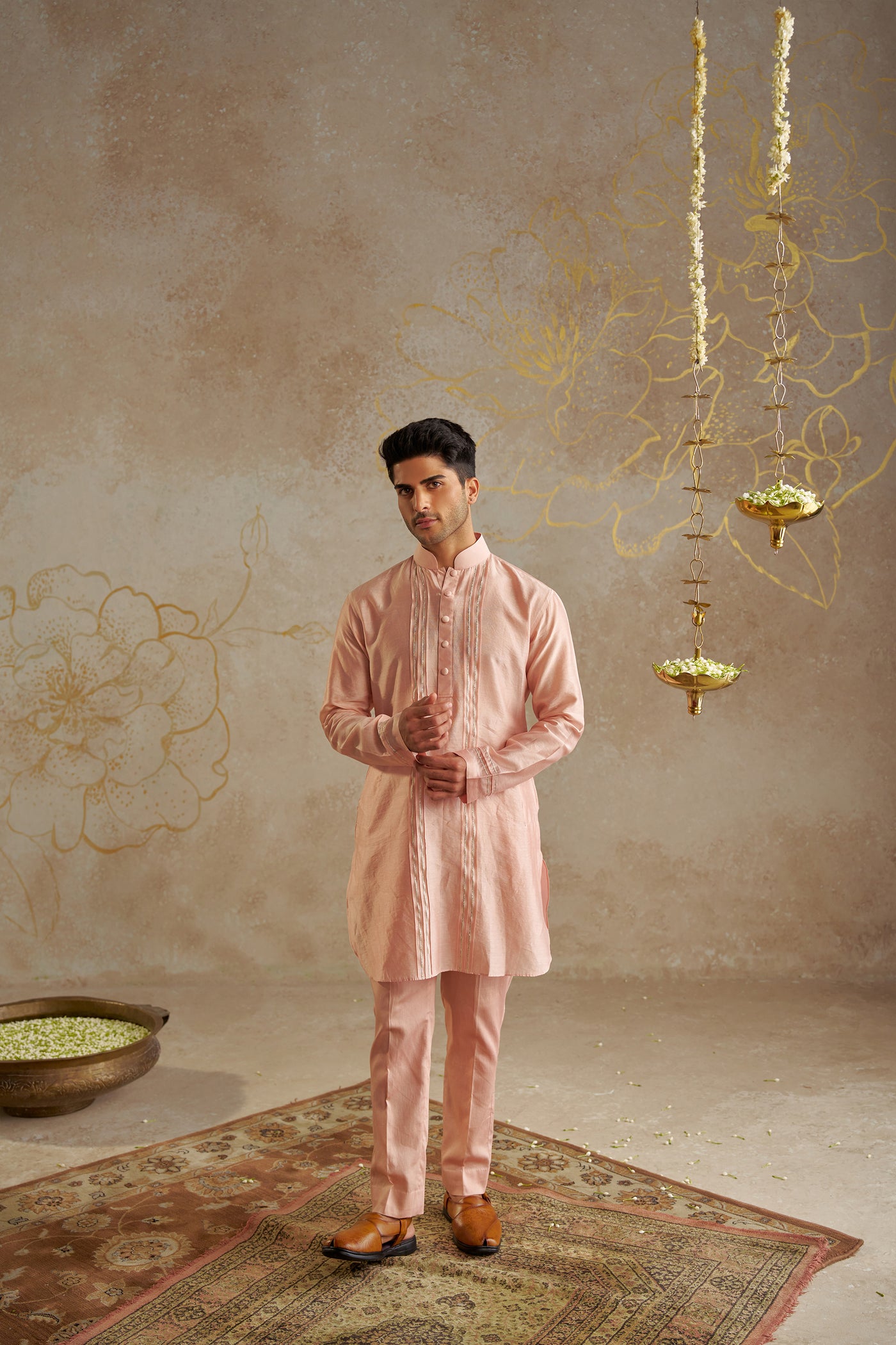 Chhavvi Aggarwal Menswear Blush Chanderi Kurta Set indian designer wear online shopping melange singapore