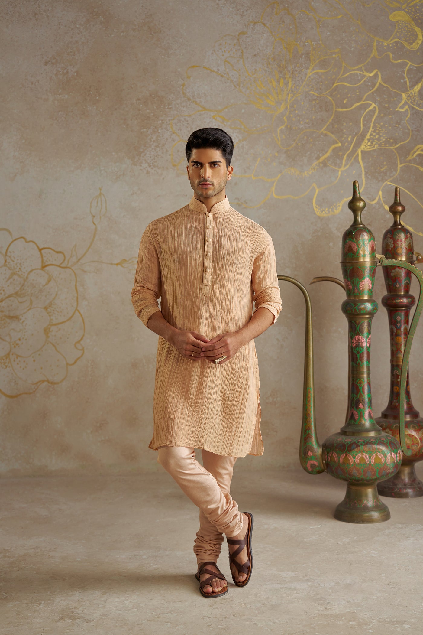 Chhavvi Aggarwal Menswear Blush Tissue Kurta Set indian designer wear online shopping melange singapore