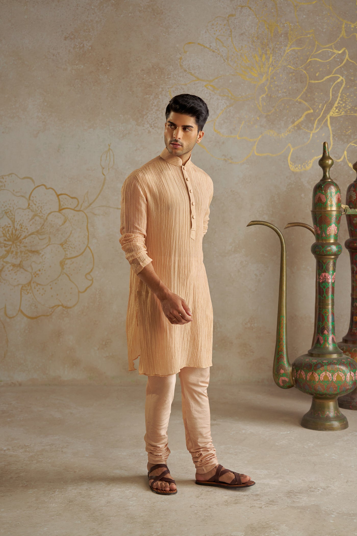 Chhavvi Aggarwal Menswear Blush Tissue Kurta Set indian designer wear online shopping melange singapore