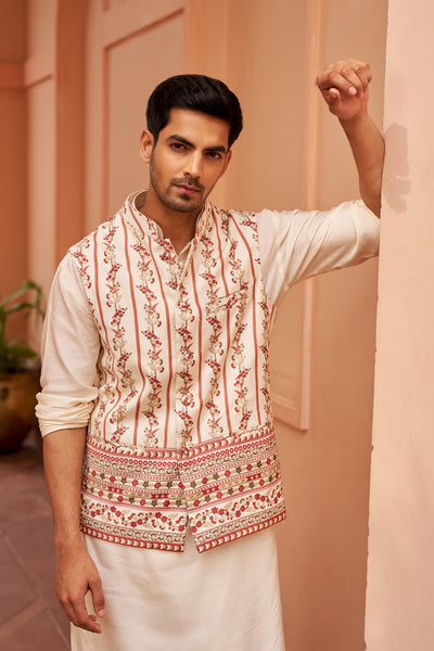 Chhavvi Aggarwal Menswear Ivory Kurta Set With Printed Bundi indian designer wear online shopping melange singapore