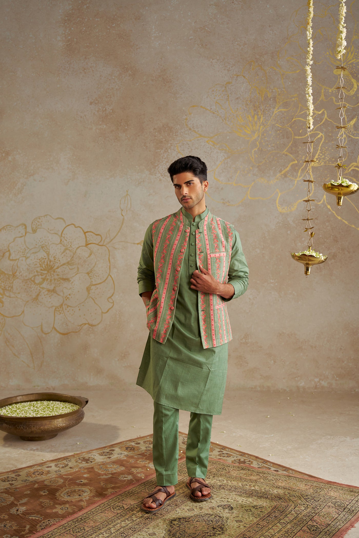 Chhavvi Aggarwal Menswear Jade Kurta Set With Printed Jacket indian designer wear online shopping melange singapore