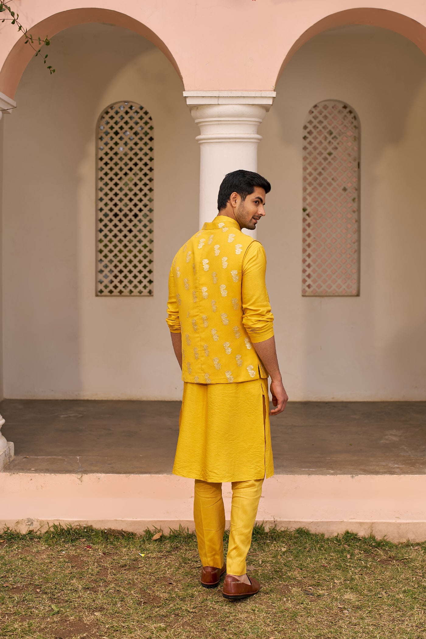 Chhavvi Aggarwal Menswear Yellow Kurta Set With Bundi indian designer wear online shopping melange singapore