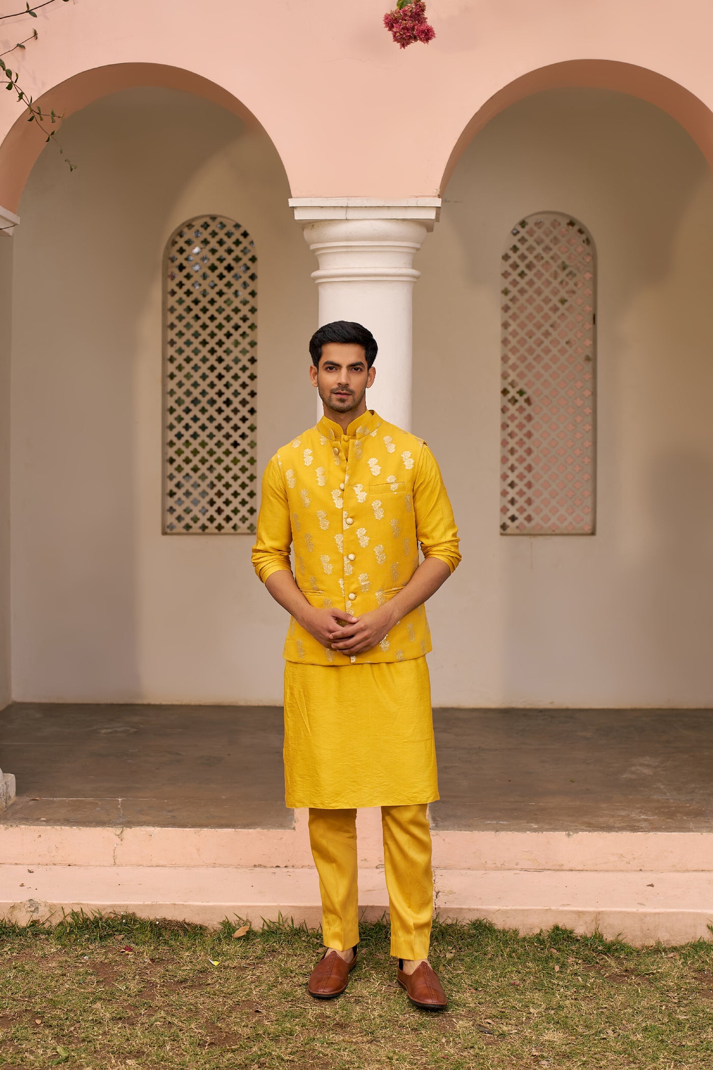 Chhavvi Aggarwal Menswear Yellow Kurta Set With Bundi indian designer wear online shopping melange singapore