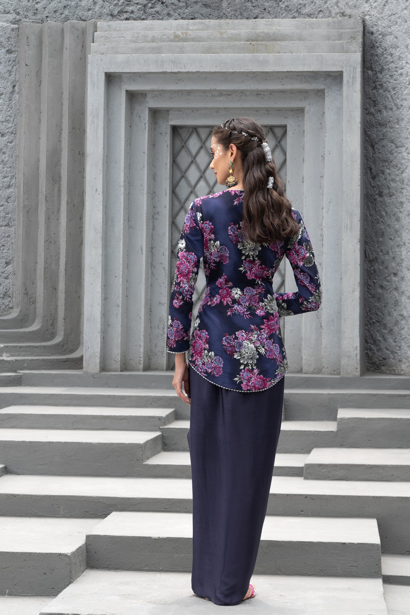 Chhavvi Aggarwal Navy Blue Printed Jacket And Draped Skirt indian designer wear online shopping melange singapore