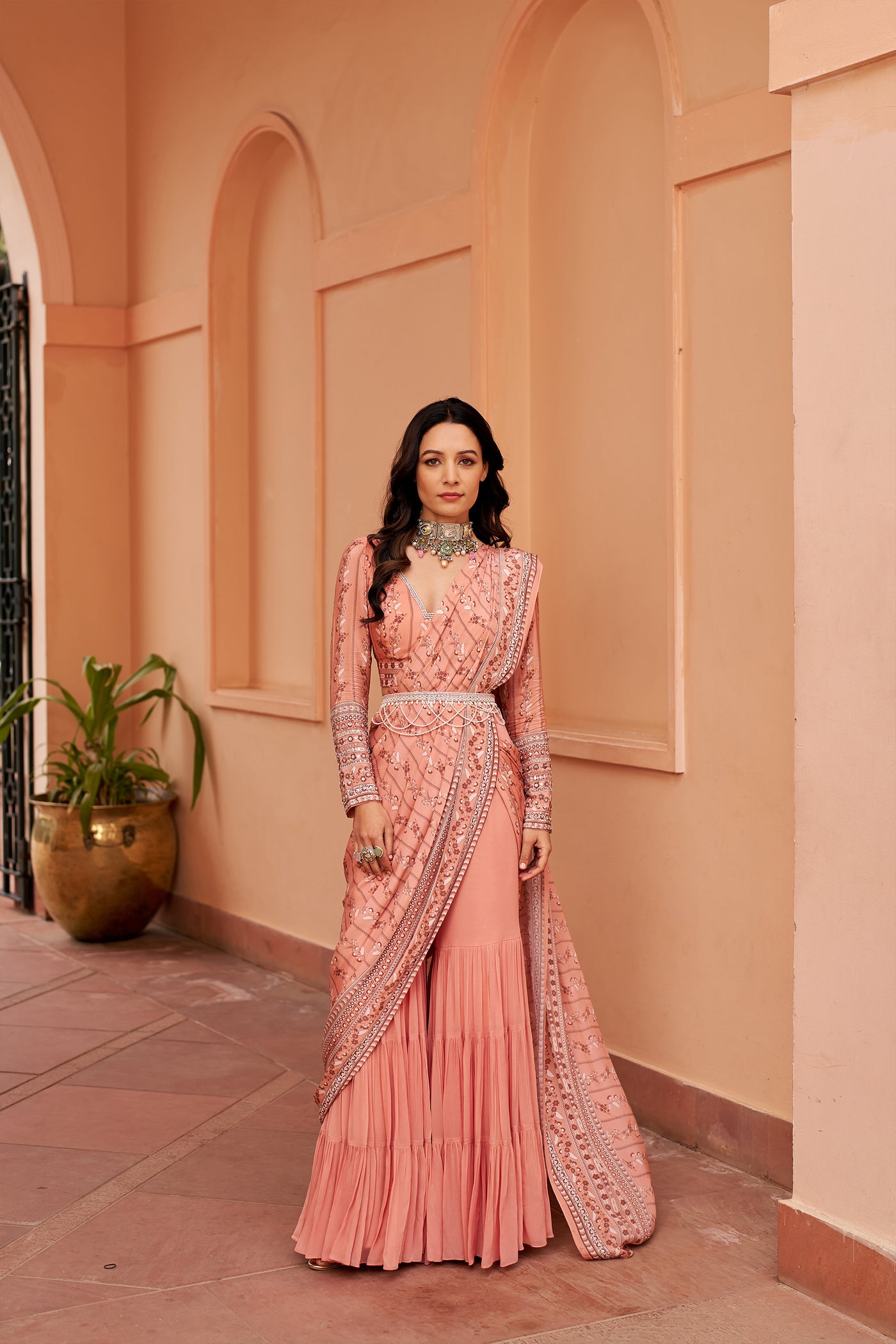 Chhavvi Aggarwal Peach Sharara Saree With Blouse And Belt indian designer wear online shopping melange singapore