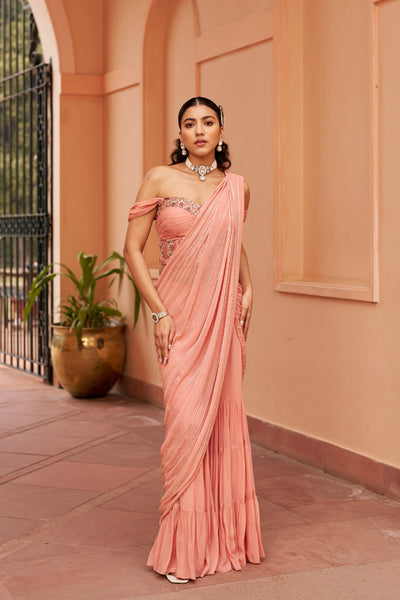 Chhavvi Aggarwal Peach Sharara Saree With Corset Blouse indian designer wear online shopping melange singapore