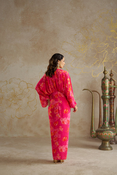 Chhavvi Aggarwal Pink Rose Draped Kaftan Dress indian designer wear online shopping melange singapore
