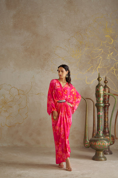 Chhavvi Aggarwal Pink Rose Draped Kaftan Dress indian designer wear online shopping melange singapore
