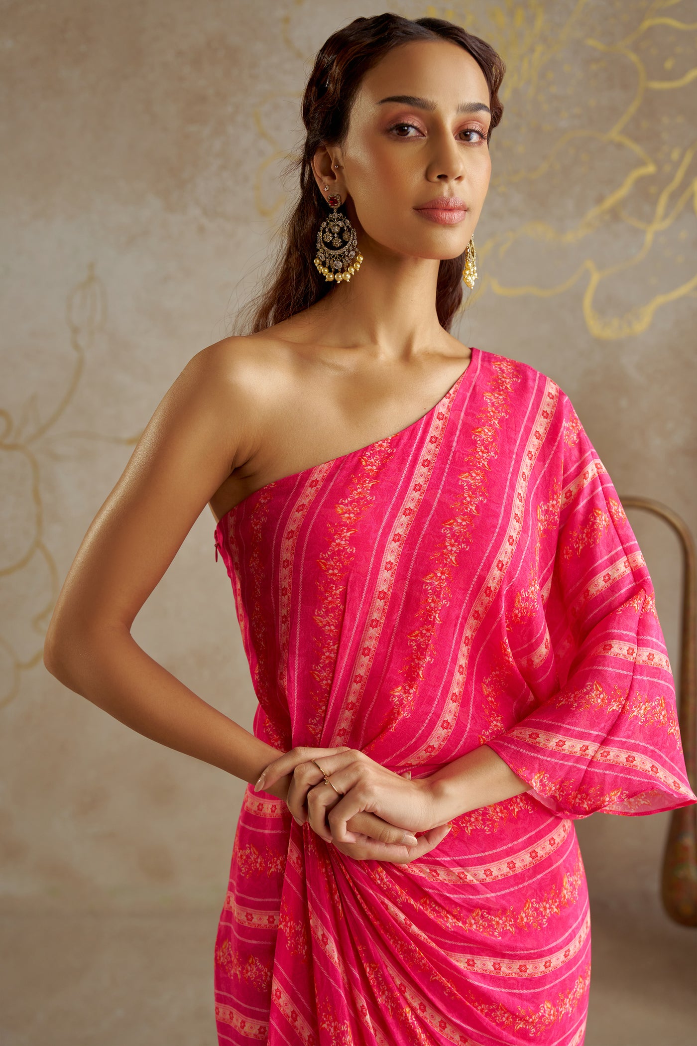 Chhavvi Aggarwal Pink Vine One-Shoulder Dress indian designer wear online shopping melange singapore