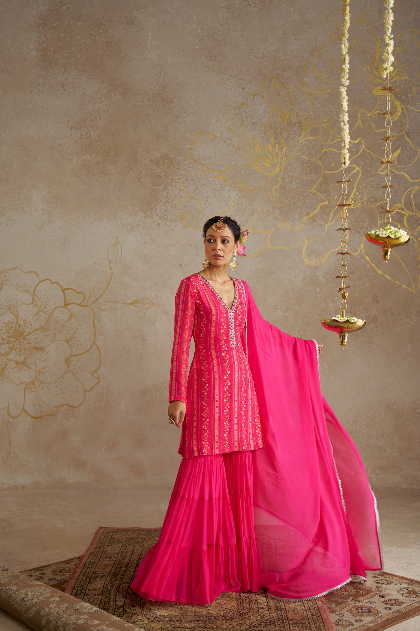 Chhavvi Aggarwal Pink Vine Tiered Sharara Set indian designer wear online shopping melange singapore