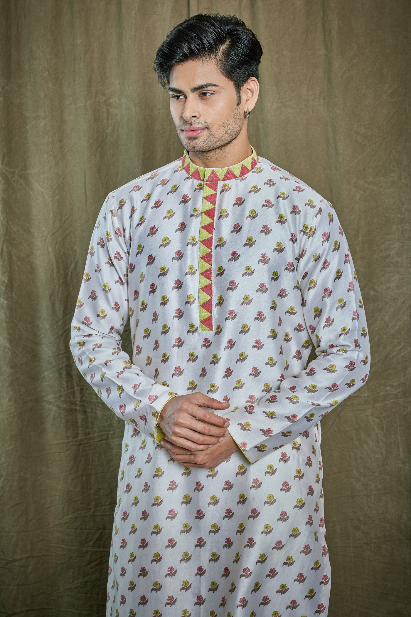 Empaar Chanderi Silk Cream Kurta Set indian designer wear online shopping melange singapore