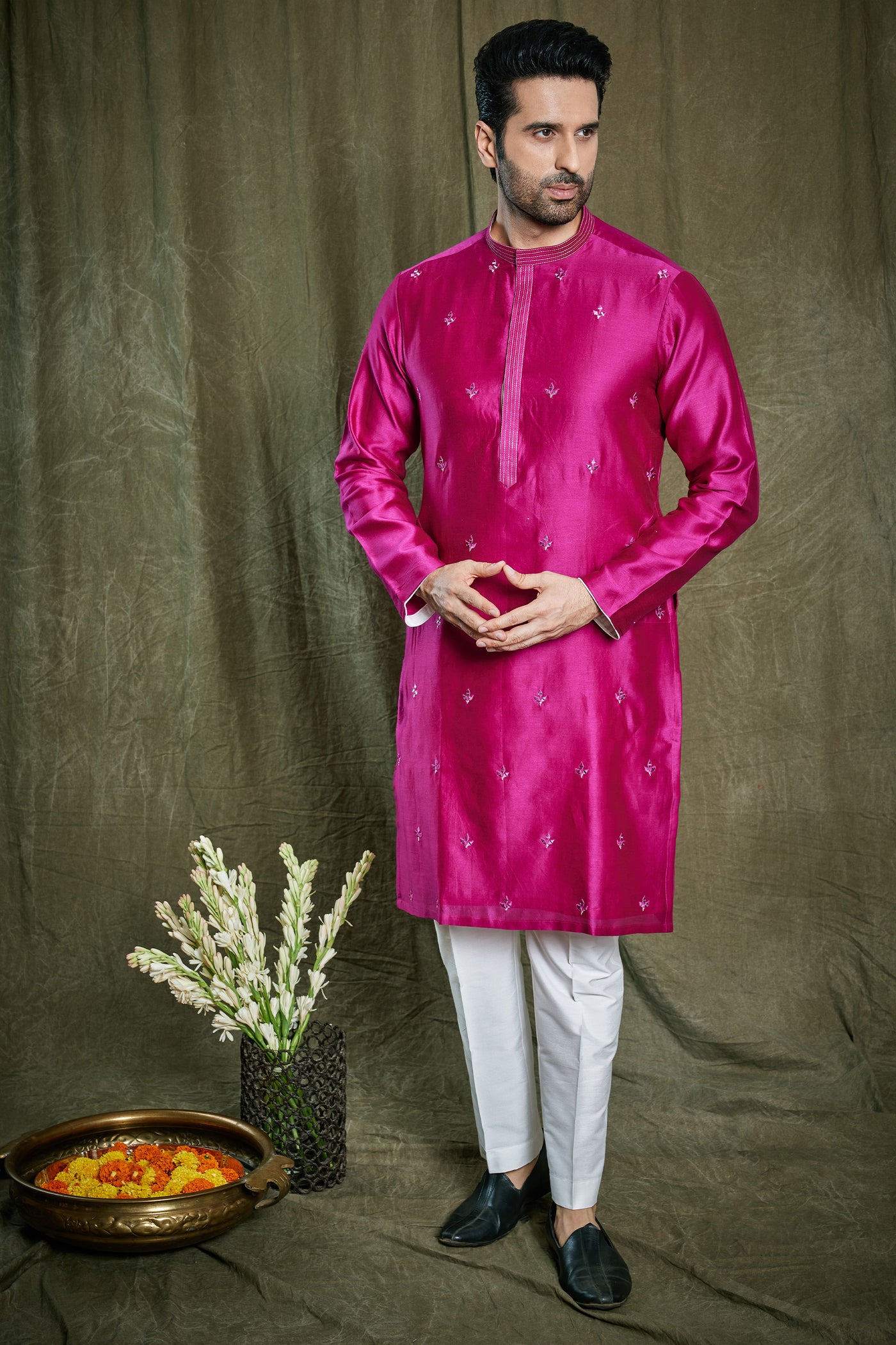 Empaar Magenta Chanderi Silk Kurta Set indian designer wear online shopping melange singapore