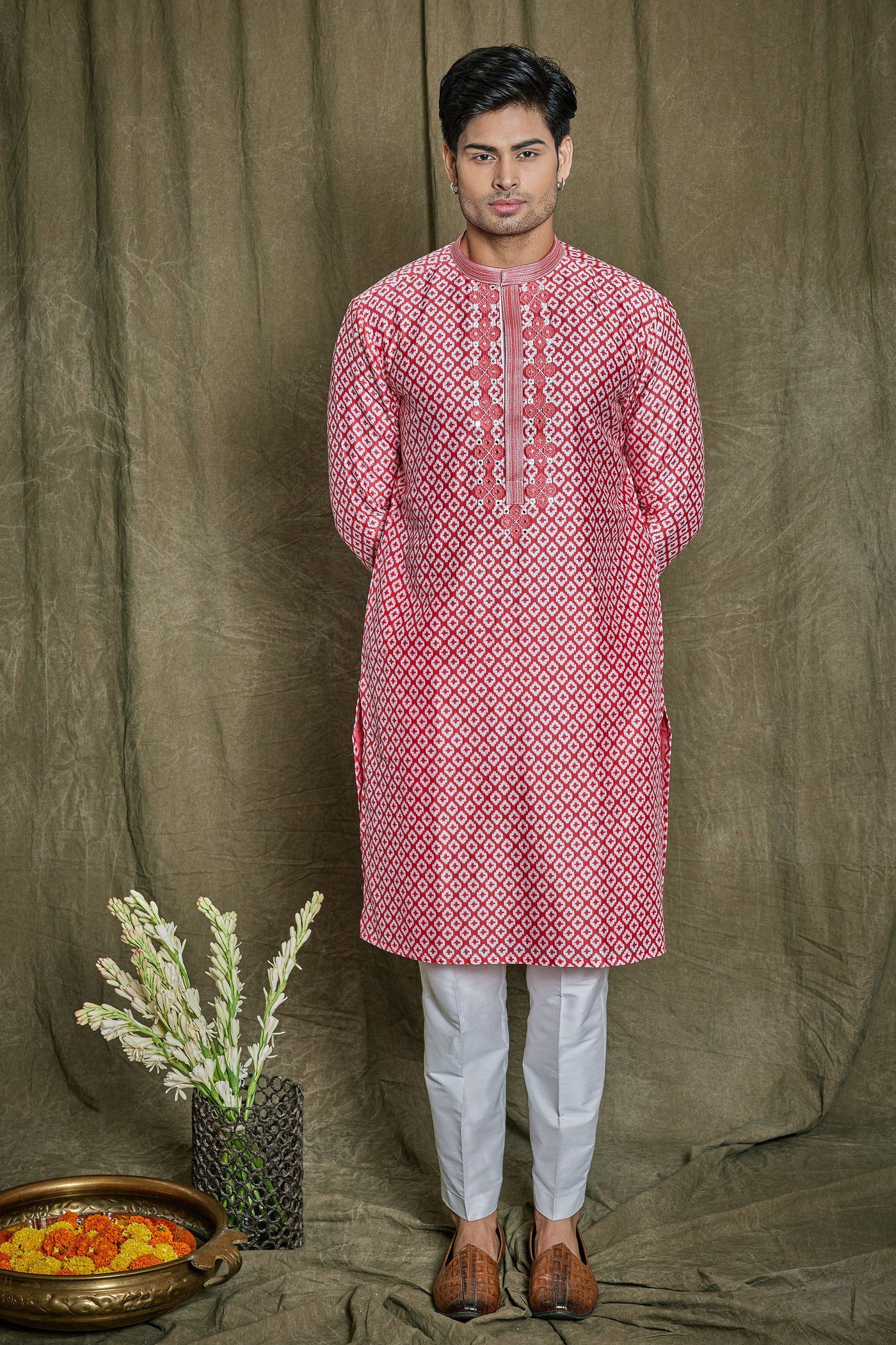 Empaar Printed Chanderi Silk Red Kurta Set indian designer wear online shopping melange singapore