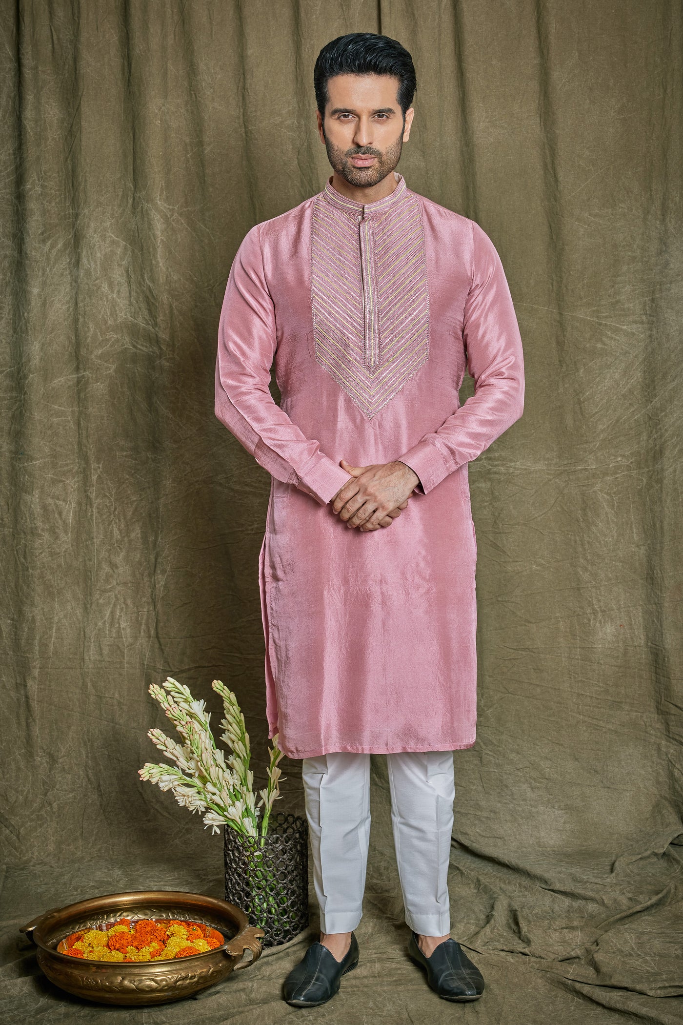 Empaar Pure Dupion Silk Onion Pink Kurta Set indian designer wear online shopping melange singapore