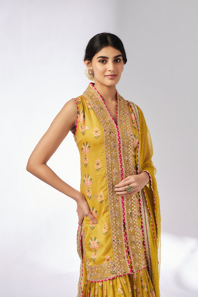 Gopi Vaid Dhriti Sleeveless Sharara Set Mustard indian designer wear online shopping melange singapore