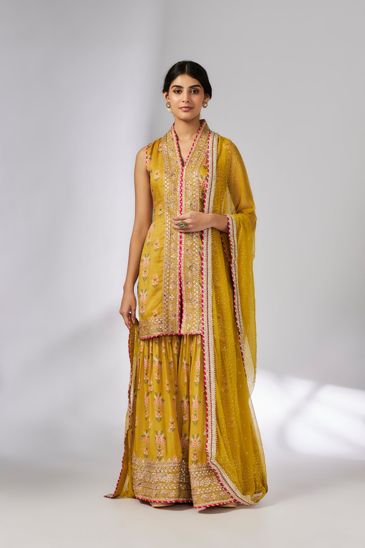 Gopi Vaid Dhriti Sleeveless Sharara Set Mustard indian designer wear online shopping melange singapore