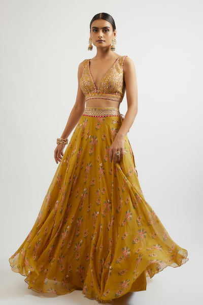 Gopi Vaid Esha Lehenga Set Mustard indian designer wear online shopping melange singapore