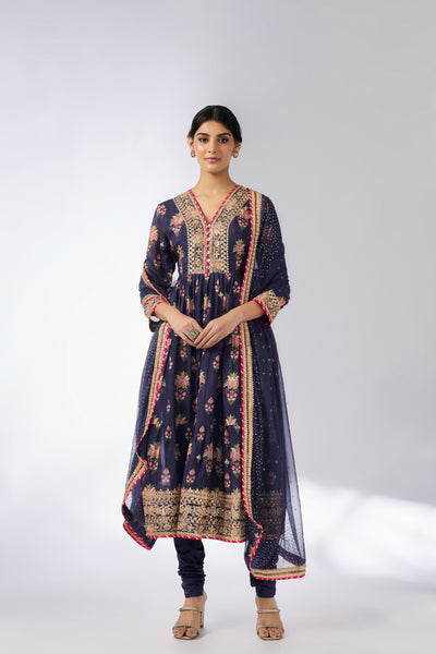 Gopi Vaid Joshna Tiered AG Set Navy indian designer wear online shopping melange singapore