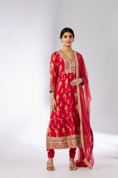 Gopi Vaid Joshna Tiered AG Set Red indian designer wear online shopping melange singapore