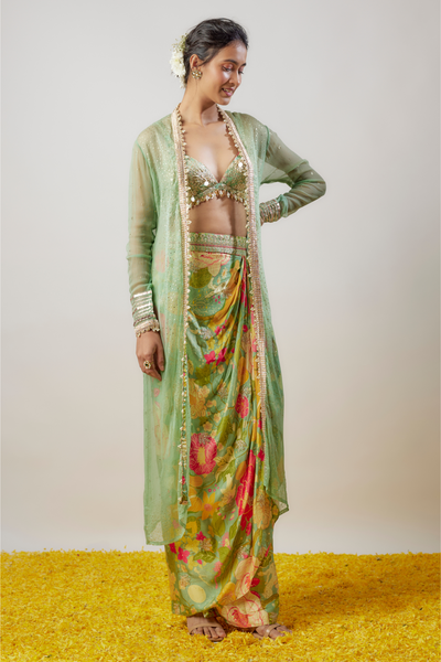 Gopi Vaid Saisha Drape Skirt Set Mint Green Melange Singapore Womenswear Online Shopping