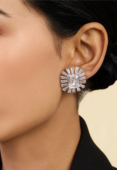 Isharya Art Deco Statement Studs In Rhodium Plating indian designer wear online shopping melange singapore