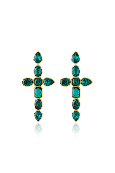 Isharya Banger Green Crystal Cross Earrings In 18Kt Gold Plated indian designer wear online shopping melange singapore