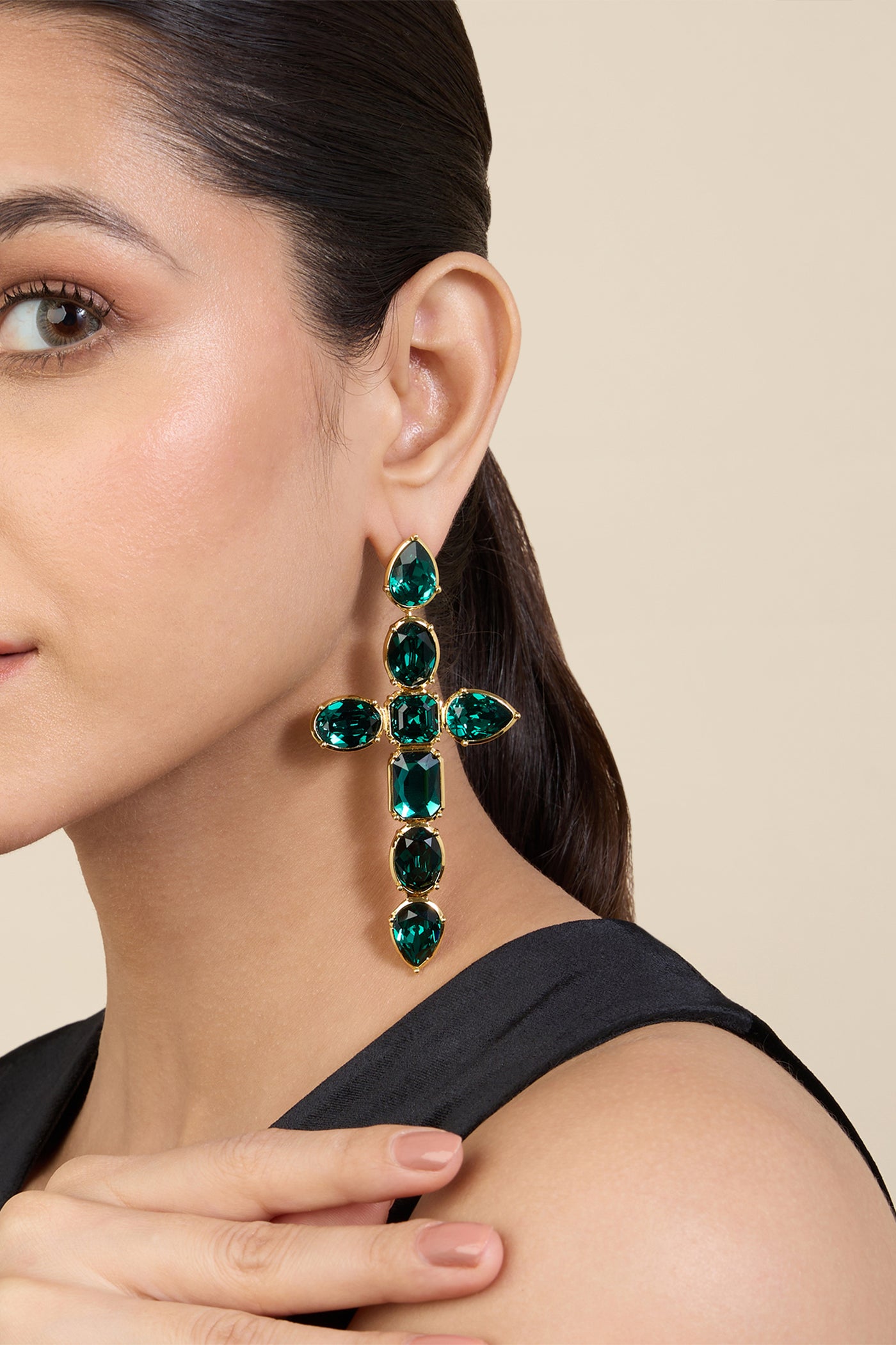 Isharya Banger Green Crystal Cross Earrings In 18Kt Gold Plated indian designer wear online shopping melange singapore