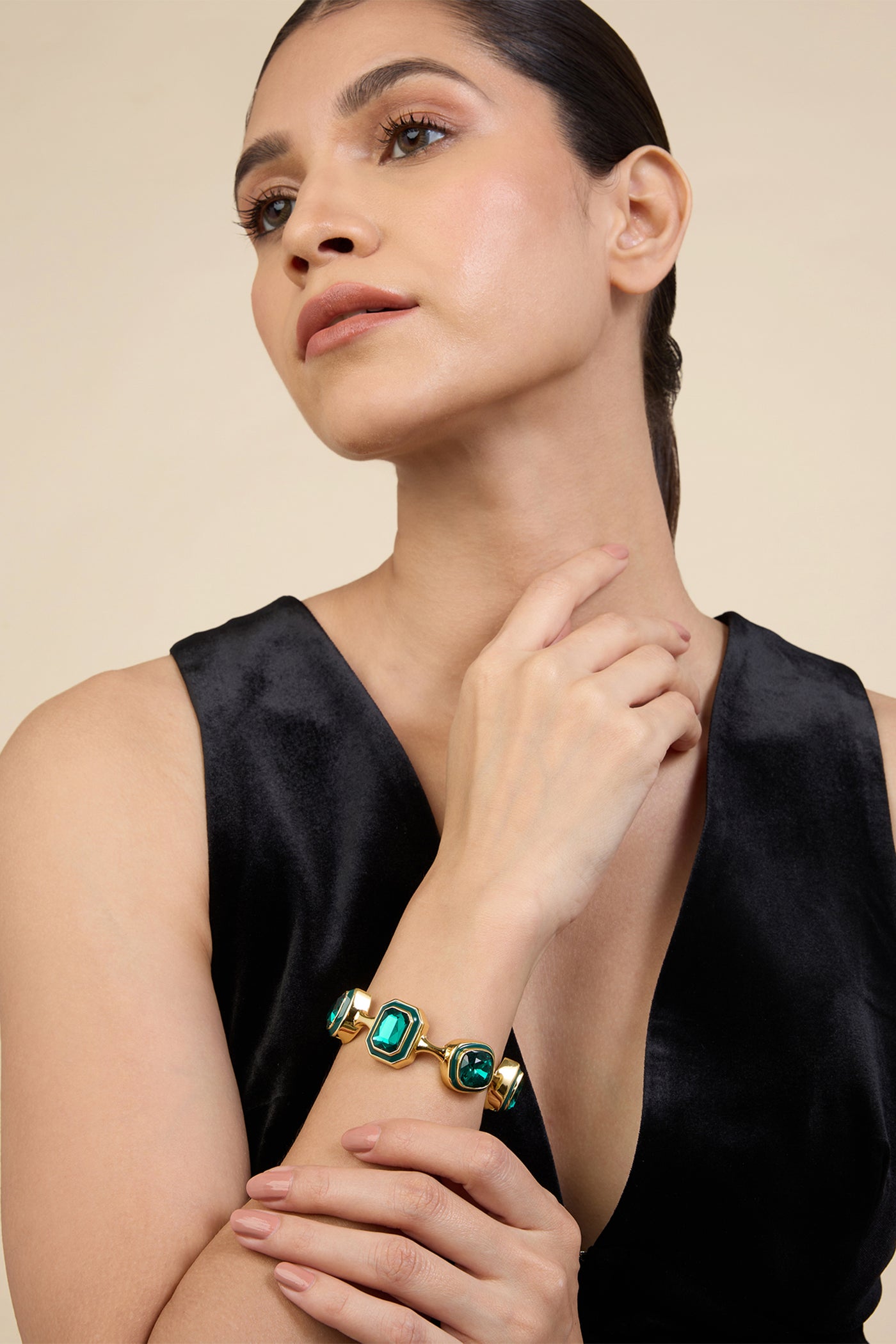 Isharya Banger Green Crystal Cuff In 18Kt Gold Plated indian designer wear online shopping melange singapore