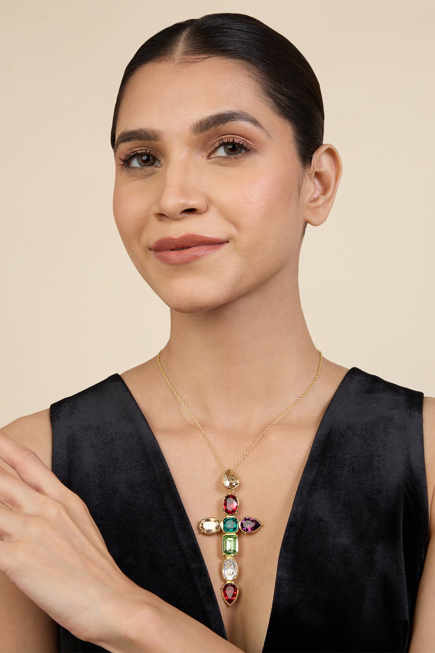 Isharya Banger Multi Crystal Cross Necklace In 18Kt Gold Plated indian designer wear online shopping melange singapore