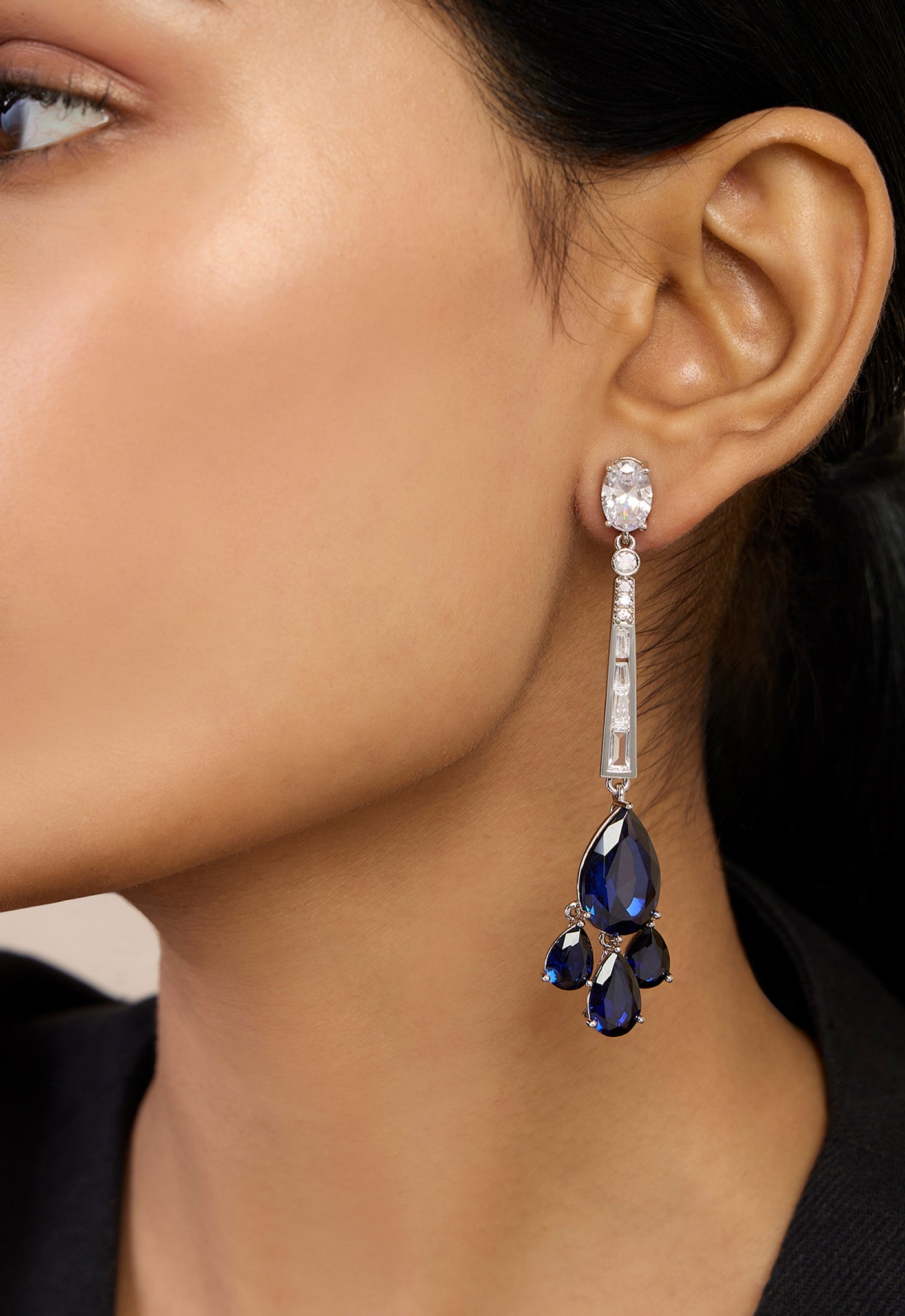 Isharya Blue Corumdum Drop Danglers In Rhodium Plating indian designer wear online shopping melange singapore