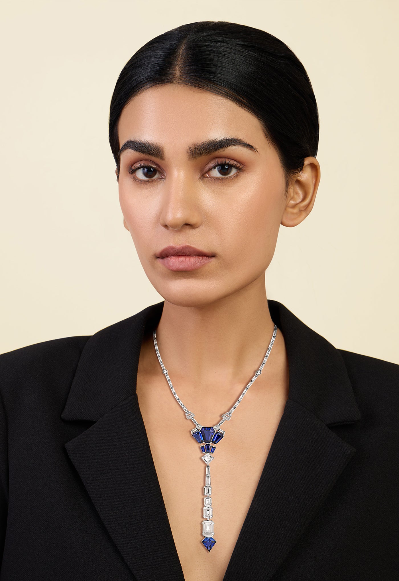 Isharya Blue Corumdum Drop Lariat In Rhodium Plating indian designer wear online shopping melange singapore