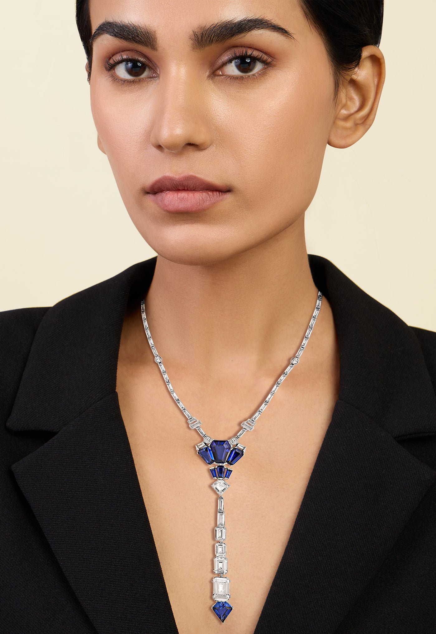 Isharya Blue Corumdum Drop Lariat In Rhodium Plating indian designer wear online shopping melange singapore