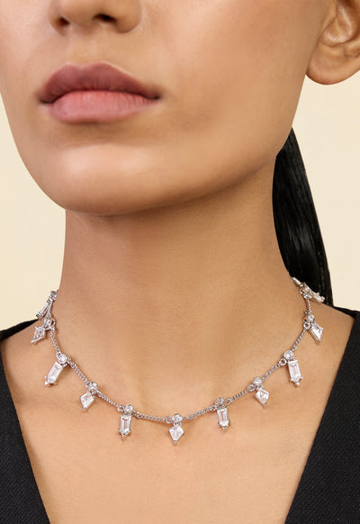 Isharya Dainty Diamonds Stationed Choker In Rhodium Plating indian designer wear online shopping melange singapor