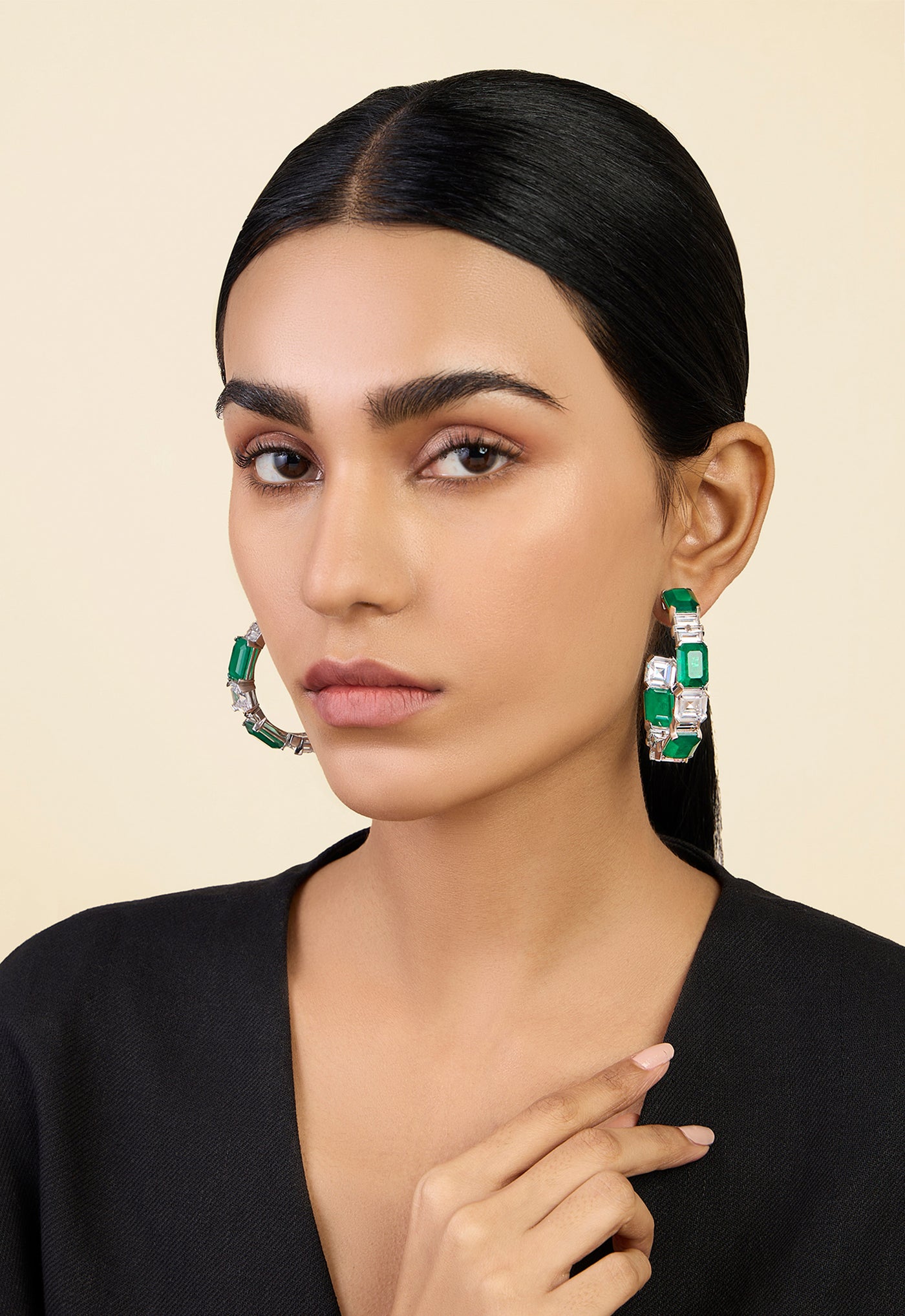 Isharya Dark Emerald Baguette Hoops In Rhodium Plating indian designer wear online shopping melange singapore