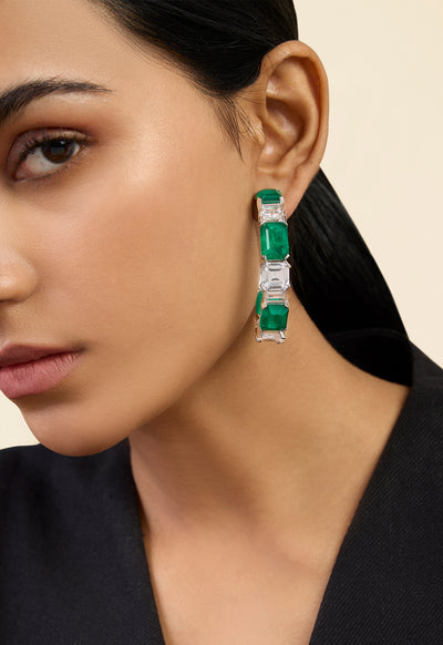 Isharya Dark Emerald Baguette Hoops In Rhodium Plating indian designer wear online shopping melange singapore