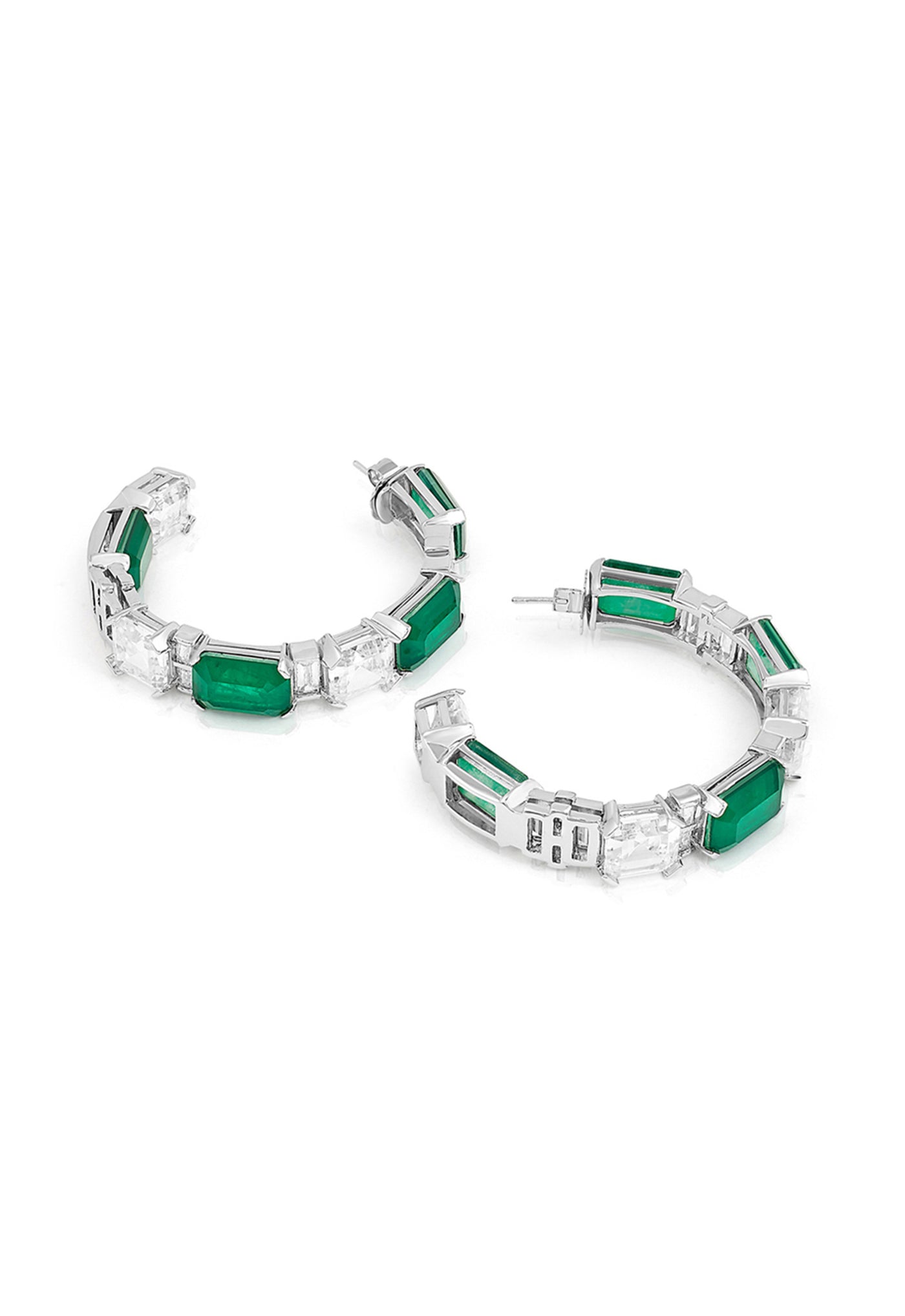 Isharya Dark Emerald Baguette Hoops In Rhodium Plating indian designer wear online shopping melange singapore