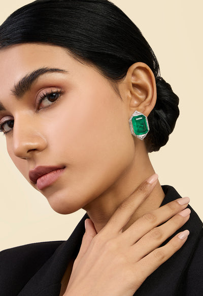 Isharya Double Emerald Statement Studs In Rhodium Plating indian designer wear online shopping melange singapore