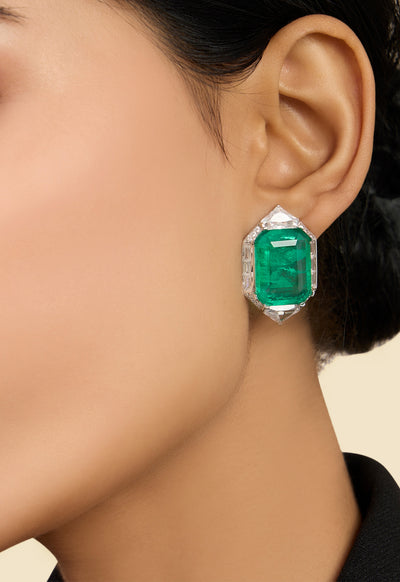 Isharya Double Emerald Statement Studs In Rhodium Plating indian designer wear online shopping melange singapore