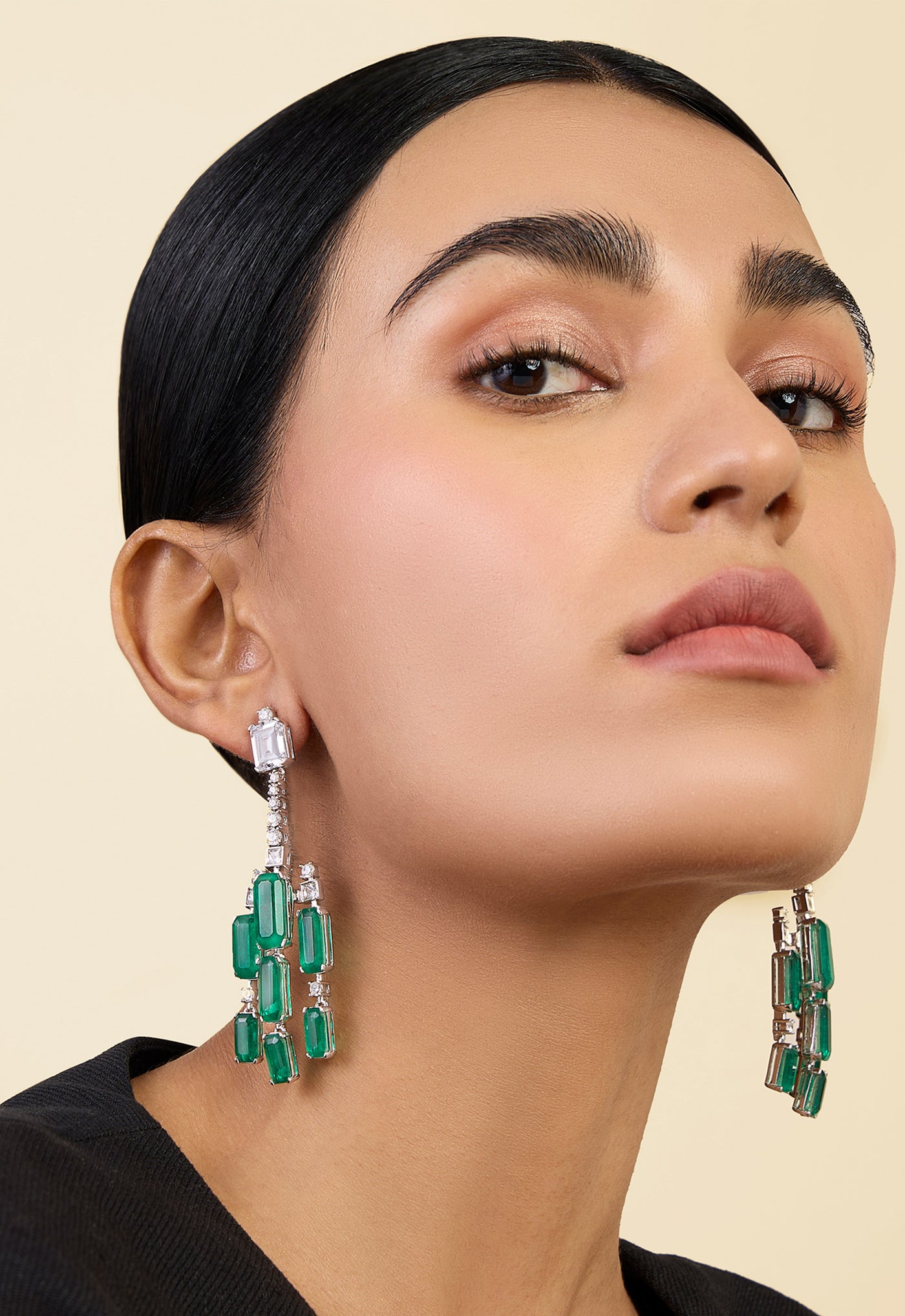 Isharya Doublet Dark Emerald Drop Danglers In Rhodium Plating indian designer wear online shopping melange singapore