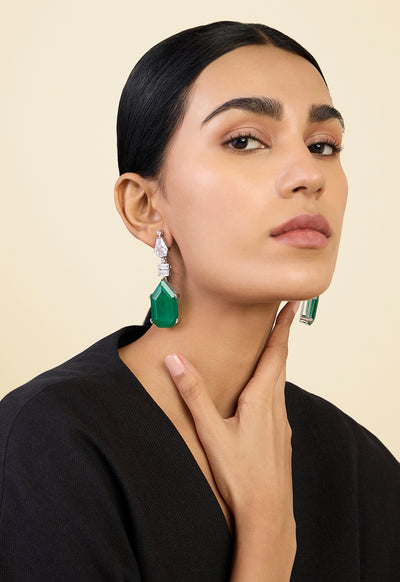 Isharya Doublet Dark Emerald Drop Earrings In Rhodium Plating indian designer wear online shopping melange singapore