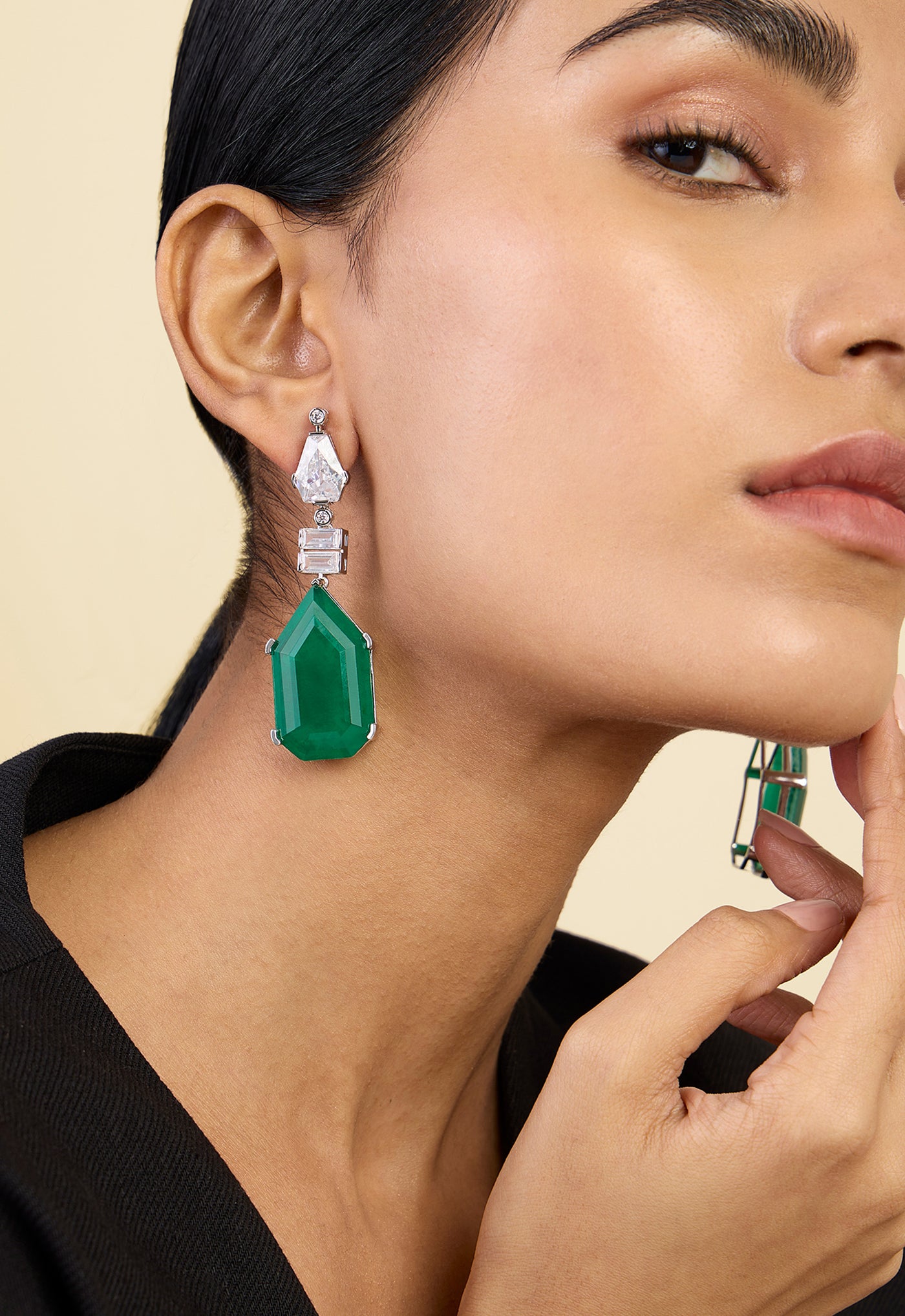 Isharya Doublet Dark Emerald Drop Earrings In Rhodium Plating indian designer wear online shopping melange singapore