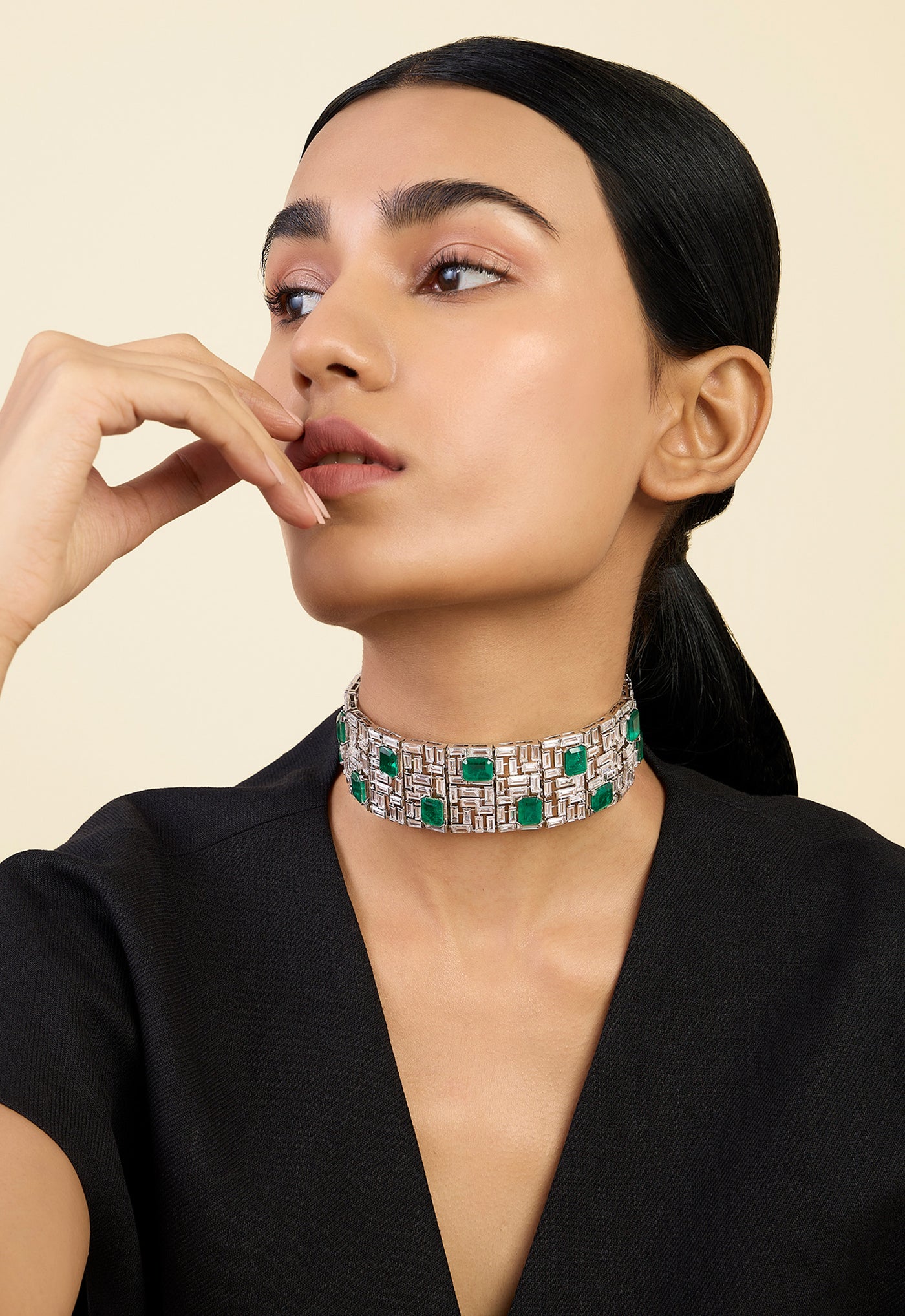 Isharya Doublet Dark Emerald Wide Choker In Rhodium Plating indian designer wear online shopping melange singapore