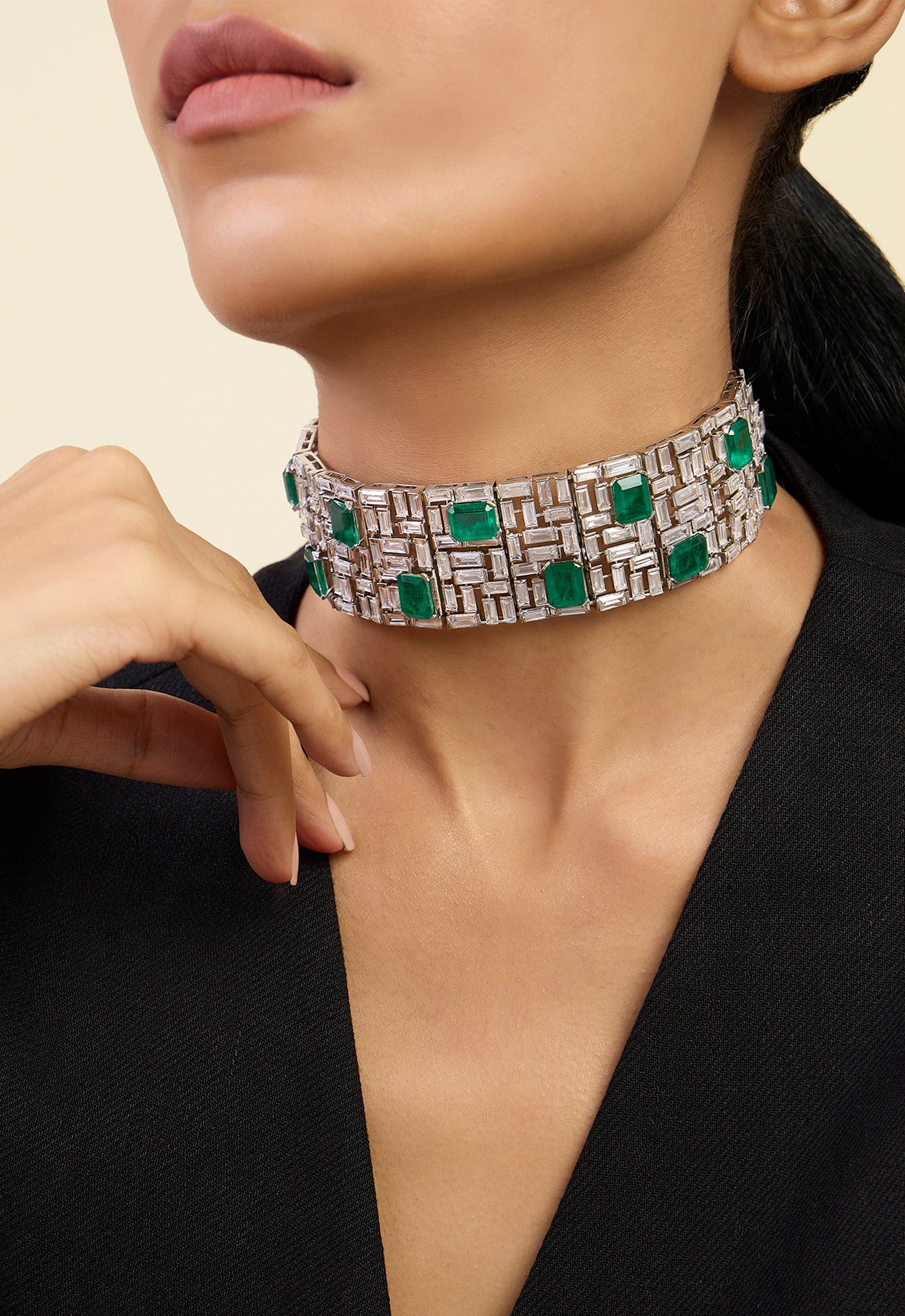 Isharya Doublet Dark Emerald Wide Choker In Rhodium Plating indian designer wear online shopping melange singapore