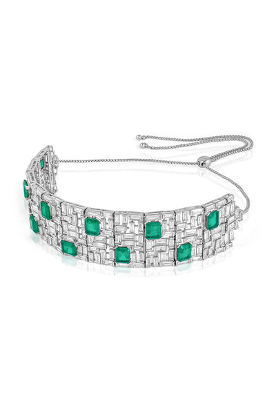 Isharya Doublet Dark Emerald Wide Choker In Rhodium Plating indian designer wear online shopping melange singapore