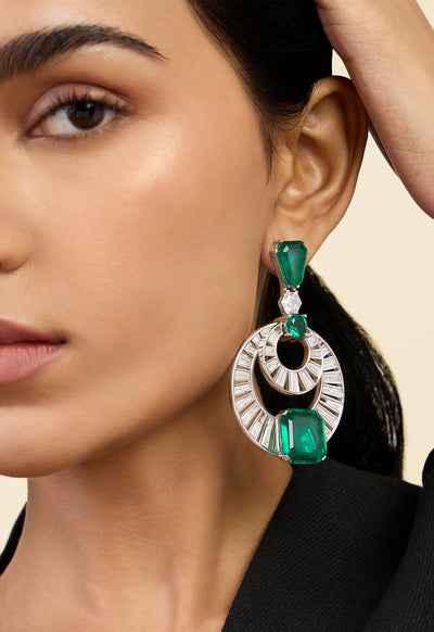 Isharya Doublet Emerald Moon Bali Earrings In Rhodium Plating indian designer wear online shopping melange singapore