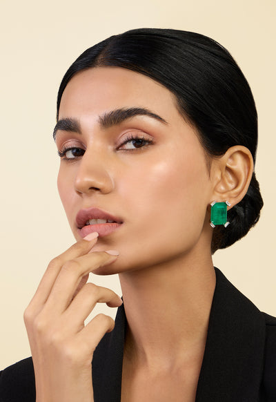 Isharya Doublet Green Stone Studs In Rhodium Plating indian designer wear online shopping melange singapore