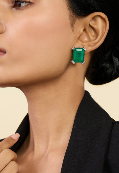 Isharya Doublet Green Stone Studs In Rhodium Plating indian designer wear online shopping melange singapore